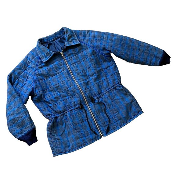 Vintage Blue Plaid Quilted Chore Coat Jacket with Drawstring Waist & Pockets - Picture 1 of 5